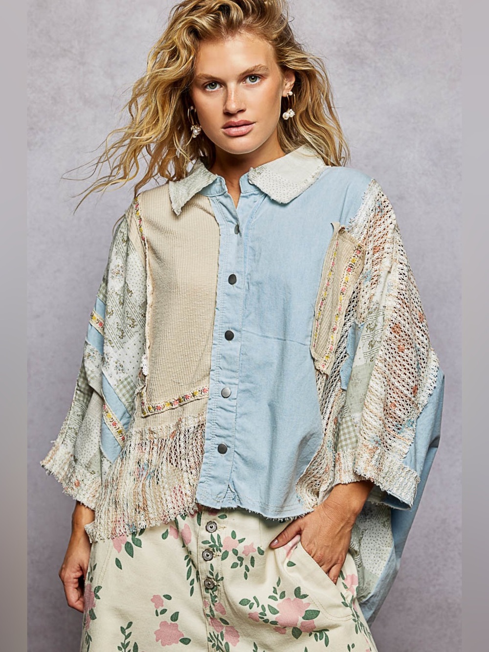 POL “ Topanga Hideaway “ Poncho Cotton Oversized Top | Light Denim - Picture 4 of 8